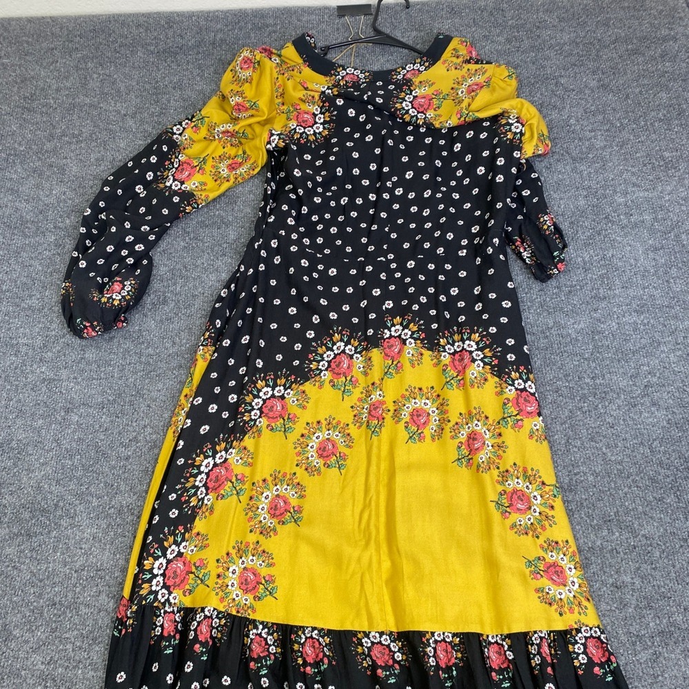 Farm Rio Mixed Floral Print Maxi Dress Yellow Black Boho Crochet V-Neck Medium - Picture 4 of 5